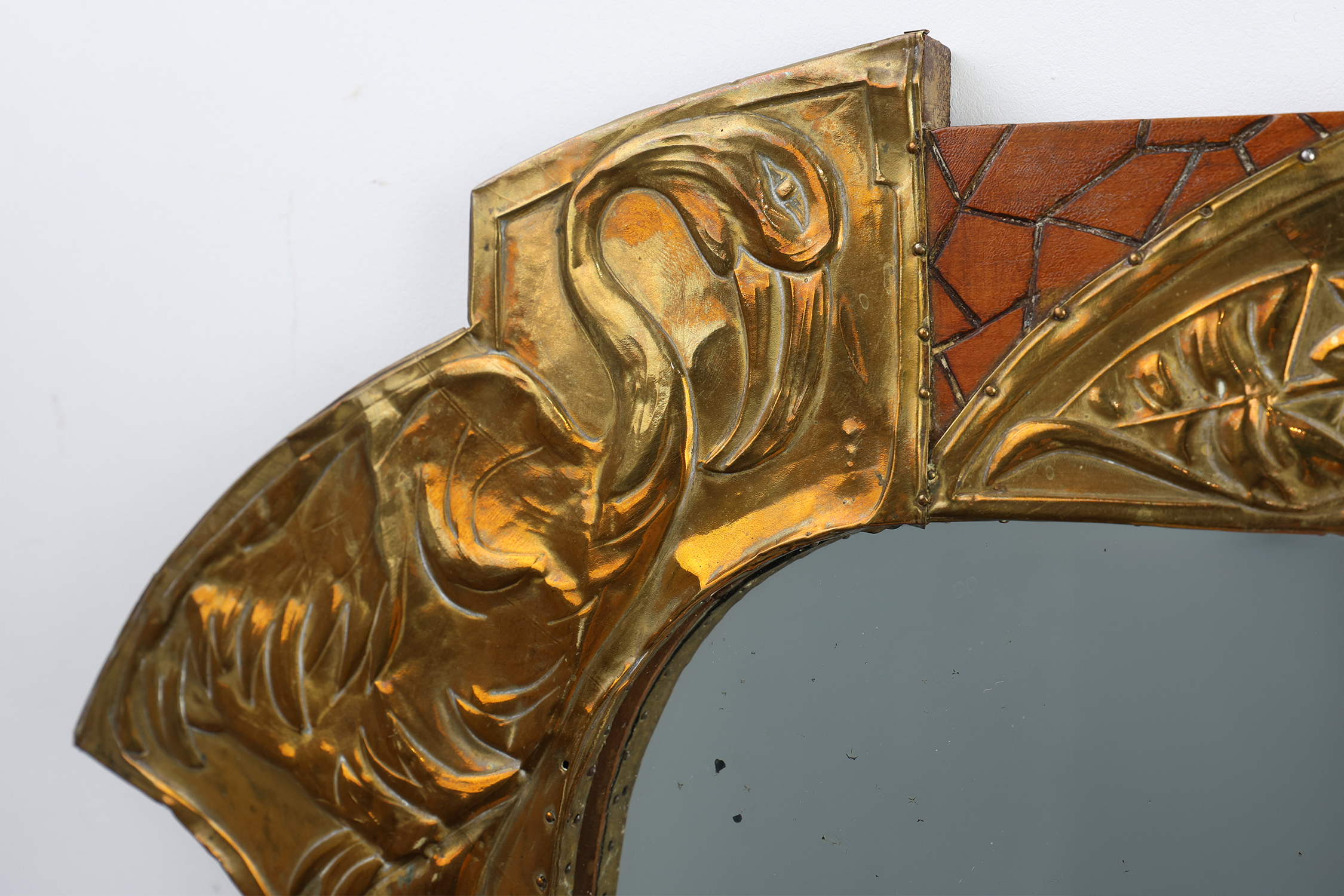 Art Nouveau Mirror in Brass and Glass Inlay, Signed A.H. Villaket, France ca. 1910thumbnail